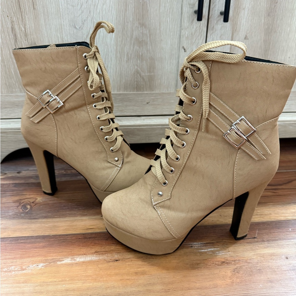 ForeMode Autumn Round Toe Lace up Ankle Buckle Chunky Heel Platform Boots Sz 8